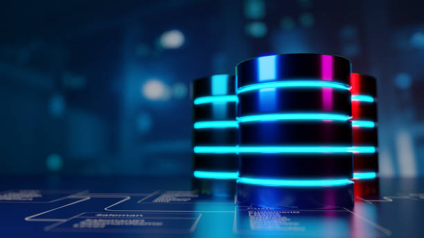 Fonctionnalités - Plusieurs bases de données sont placées sur des tables de bases de données relationnelles avec en arrière-plan une salle de serveurs et un centre de données. Concept de serveur de base de données, SQL, stockage de données, conception de diagramme de base de données. Illustration 3D."